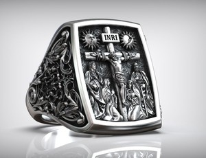 925 Sterling <b>Silver</b> Black Oxidized Christian Gothic Crucifix Cocktail <b>Ring</b> for Party Unisex - Product Image 1