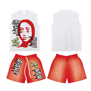 Sweet Dreams Sleeveless Tank Top <b>Set</b> Men Summer Street Style Printed Shorts Polyester Cotton <b>Knitted</b> Casual Wear - Product Image 1
