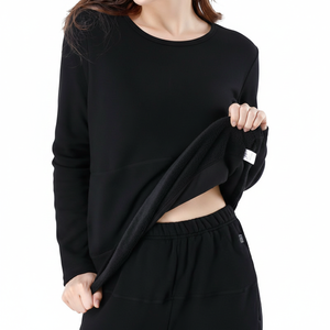 Sous-vêtements thermiques longs pour femmes, couche de base en polaire unie 100 % coton, col rond, tricoté, respirant, fin, pour usage quotidien automne-hiver - Product Image 1