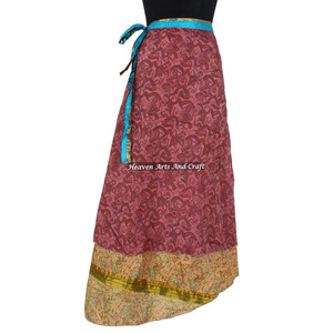 Indian Unique Vintage Sari Double Layered Women Long Length Magic Wrap <b>Skirts</b> <b>Boho</b> Stylish Multi Color Summer Wear Comfortable - Product Image 3