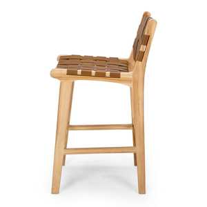 Tabouret de bar en teck artisanal avec assise et dossier en cuir tressé – Chaise de comptoir artisanale directement de l'usine pour intérieurs élégants - Product Image 2