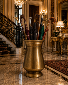 Porte-parapluie en laiton antique avec sculptures ornées et base en patte de lion pour la décoration du hall d'hôtel - Product Image 1