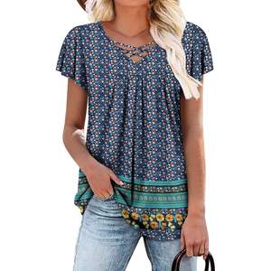 2025 femmes grande taille XL tunique haut chemisier décontracté col en V à manches courtes dentelle décoration haute qualité Dense bleu été chemise - Product Image 1