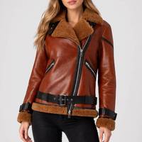 Veste de moto en peau de mouton respirante surdimensionnée Blanche Rusty Brown avec cuir véritable - Veste en cuir marron