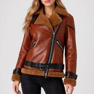 Veste de moto en peau de mouton respirante surdimensionnée Blanche Rusty Brown avec cuir véritable - Veste en cuir marron - Product Image 1