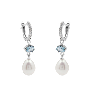 Pendientes colgantes de plata 925 100% pura con topacio azul y perla de agua de mar, joyería fina clásica para boda para mujer - Product Image 2