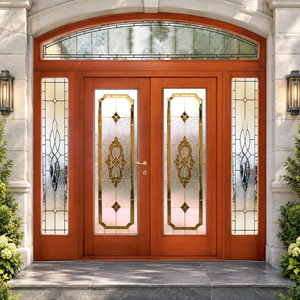 Porte d'entrée double en bois sur mesure avec panneaux en verre teinté et transom cintrée pour usage extérieur GA-52 - Product Image 1
