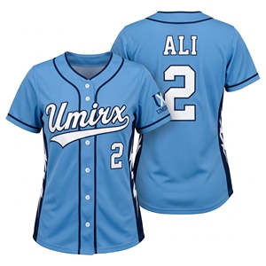 Camiseta de Softbol Personalizada Azul Cielo para Niñas, Panel Lateral con Diseño de Rayo, Nombre y Número Bordados Sublimados, Cierre Completo con Botones, para Fastpitch Femenino - Product Image 1
