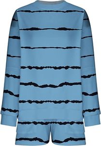 Women's Blue Striped <b>Knitted</b> 2-Piece Shorts <b>Set</b> Crew Neck Full Sleeve Loose Fit Casual Spring Summer Cotton Breathable Pocket - Product Image 3