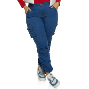 Pantalones vaqueros de mezclilla de cintura alta elegantes para mujer de talla grande, 100% algodón ecológico, estilo cargo, bordados, lavados, con cierre de botones, corte regular - Product Image 4