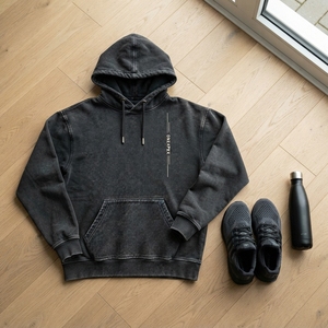 Sweat-shirt à capuche texturé noir personnalisé pour homme, pull-over avec logo vertical sur la poitrine, style streetwear - Product Image 5