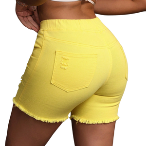 Women's Casual Yellow Denim Shorts Mid <b>Waist</b> Skinny Fit <b>Elastic</b> Drawstring Ripped Distressed Raw Hem Quick Dry Breathable - Product Image 2