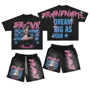 Ensemble de jogging homme : T-shirt et short en coton premium, délavé, coupe oversize, avec motif néon éclair, impression DTG et transfert thermique en relief - Product Image 1