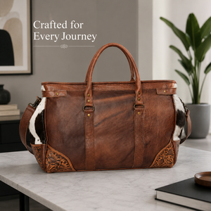 Western Hair-On Cowhide Leather Travel Duffel <b>Bag</b> Hand Tooled Genuine Leather Weekender <b>Overnight</b> Luggage <b>Bag</b> for Men and Women - Product Image 2