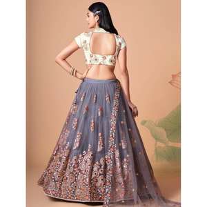 Endearing Grey Evening <b>Dress</b> Mirror Work Net Lehenga Choli with Dupatta - Product Image 3