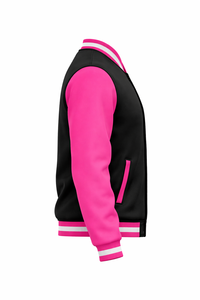Custom Men's Leather Varsity Jacket Two Tone Bomber Style Stand Collar Button Front Embroidered Logo Loose Fit Winter Outerwear - Product Image 5