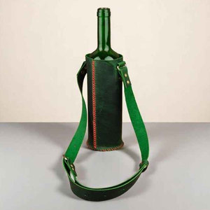 Porte-bouteille de vin en cuir vert gaufré, support simple avec sangle et anneau métallique, 140g - Product Image 3
