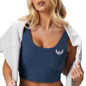Women's Navy Blue Scoop Neck <b>Crop</b> Tank <b>Top</b> Soft Stretch Fitness Activewear Gym Training Sleeveless Performance Apparel Wear - Product Image 3