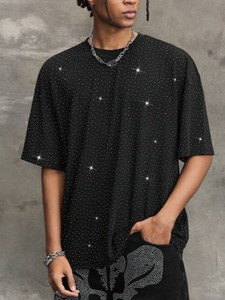 เสื้อยืดโอเวอร์ไซส์สีดำประดับคริสตัลวิบวับ สไตล์ฮิปฮอป สตรีทแวร์ สำหรับผู้ชาย - Product Image 5