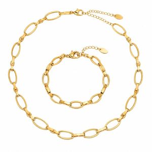 Ensemble de bijoux en acier inoxydable, collier et bracelet à maillons ovales creux, plaqué or, bijoux géométriques classiques unisexes, bijoux de mode - Product Image 1