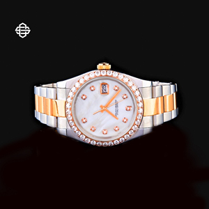 Montre de luxe pour homme, style hip-hop, analogique, bicolore, en acier inoxydable, mouvement à quartz, lunette sertie de diamants Moissanite, verre cristal, date, 20 mm, mouvement ETA - Product Image 1