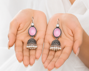 Pendientes Colgantes de Plata Tibetana con Cabujón Ovalado Rosa y Perla de Imitación, Joyería Vintage para Mujer - Product Image 6