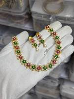 Set Kalung Mutiara Zirkon Berlapis Emas Pengantin India Pola Bunga Etnik Grosir Perhiasan Pernikahan Mewah Paduan Logam Anting Wanita