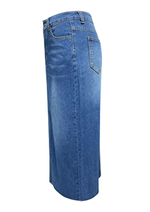 Jupe droite en jean vintage taille empire pour femme, longueur genou, couleur unie, style décontracté avec poches, en jean délavé respirant - Product Image 2