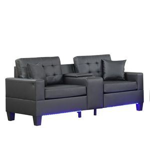 Genesis Tufted Loveseat and Sofa Set <b>Black</b> PVC Fabric with LED Lights USB Charger Storage <b>Console</b> Cupholders-for Living Room - Product Image 4