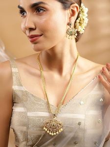 Conjunto de Collar Largo, Pendientes y Diadema de Aleación Chapada en Oro Indio con Diseño de Flor de Perlas de Imitación y Circones, Joyería de Boda para Mujer - Product Image 5