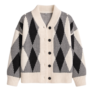 Veste en tricot jacquard pour femme, coupe ample, boutonnée, motif losanges, pull chaud, manteau décontracté pour l'hiver, vêtement d'extérieur à superposer - Product Image 1