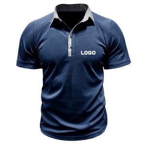 Men's <b>Navy</b> <b>Blue</b> Short Sleeve Polo Shirt With Contrast Collar Heat-Transfer Printed Logo Casual Knitted Breathable Regular Fit - Product Image 1