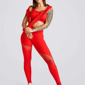 Conjunto de Yoga Rojo de 2 Piezas, Leggings de Cintura Alta, Top Corto sin Mangas, Detalle de Malla, Sin Costuras, Spandex/Nylon, Transpirable por Delante - Product Image 3