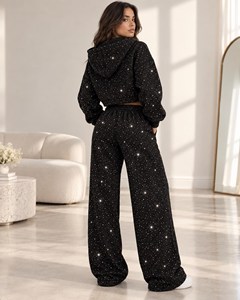 Ensemble de survêtement décontracté noir à capuche pour femme, 2-en-1, en polaire respirante, avec ourlet fendu, manches longues, fermeture éclair, coupe ample, imprimé à pois et paillettes - Product Image 2