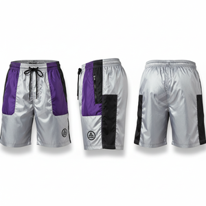 Men's Purple Gray Black Color Blocked Board <b>Shorts</b> With Drawstring Waist <b>Zipper</b> Pocket Sporty Style Satin Fabric Quick Dry - Product Image 1