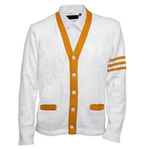 Cardigan en tricot blanc moutarde pour homme, col en V, manches longues, fermeture boutonnée, style automne, avec détail rayé sur les manches - Product Image 1