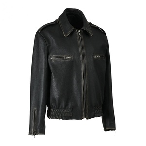 High Quality Breathable Men's Genuine Leather Short Sleeve <b>Jacket</b> with <b>Zip</b> Chest Pocket Canvas Fabric-Autumn Vintage Style - Product Image 6