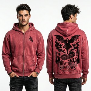 Sweat à capuche épais pour homme, vintage, rouge et noir, délavé à l'acide, streetwear personnalisé, surdimensionné, avec motif poker, en molleton - Product Image 5