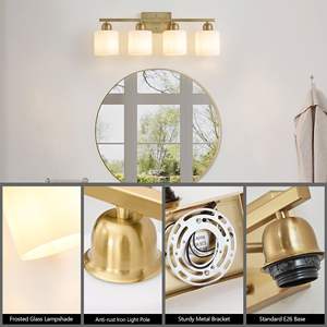 Modern 4-<b>Light</b> Coppery-Iron Vanity <b>Light</b> Fixture Bathroom Wall <b>Sconces</b> Milky White Frosted Glass Shades E26 Socket Model - Product Image 6