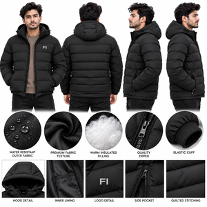 Men's <b>Hooded</b> Puffer <b>Jacket</b> Custom Logo Quilted Winter Coat Thick <b>Padded</b> Zipper Outerwear Wholesale OEM Streetwear Bulk Supplier - Product Image 5