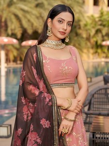 Pink Organza Embroidered <b>Lehenga</b> Set With Floral Print And Spaghetti Strap Crop Top For Bridesmaid - Product Image 2