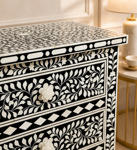 Bone Inlay Nightstand 2 Drawer Bedside <b>Table</b> Black <b>White</b> Wood Storage Cabinet for Bedroom Living Room - Product Image 4