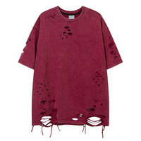 T-shirt vintage déchiré pour homme, couleur bordeaux, coupe oversize, en coton, à manches courtes, style streetwear