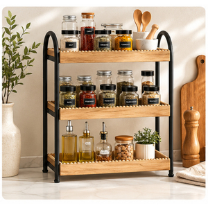 3-Tier Rustic Wooden Spice <b>Rack</b> Organizer for <b>Kitchen</b> Countertop Iron Frame Multipurpose <b>Storage</b> Shelf for Jars Bottles - Product Image 4