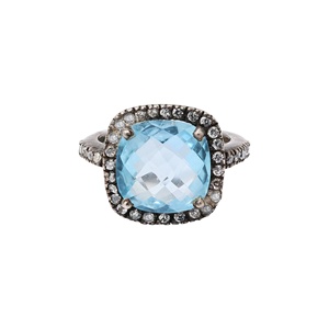Wholesale Black Rhodium Plated 925 Solid Sterling Silver Natural Cushion Blue Topaz <b>CZ</b> Halo <b>Ring</b> Memoria Jewels - Product Image 1