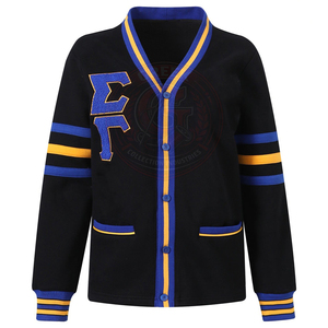 Cardigan en tricot contrasté noir, bleu et jaune pour femme, col en V, manches longues, lettres brodées, style SGR, pull pour femme - Product Image 1