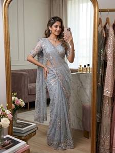 Designer Soft <b>Net</b> Saree With Cut Dana Multi Sequence & Thread Embroidery In Allover Saree Paired With Cut Dana Beads Work Blouse - Product Image 4