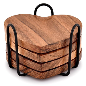 Juego de Posavasos de Madera de Acacia en Forma de Corazón con Soporte de Metal, Posavasos de Madera para Mesa de Café, Bar, Decoración del Hogar, Regalo - Product Image 2