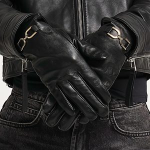 Women’s Leather fashion <b>Gloves</b> with Gold Horsebit Detail - Product Image 2