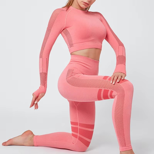 Conjunto Deportivo para Mujer, Leggings Largos sin Costuras de Color Sólido con Top Corto de Manga Larga y Cuello Alto, Ropa Deportiva Transpirable con Textura - Product Image 2